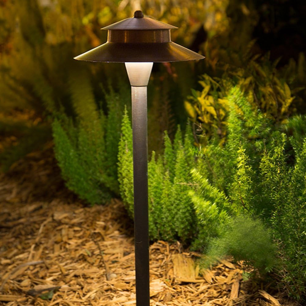 Stratum 12V Brass 2-Tier Path Light (9" Shade, 25" Tall) with 3W 2700K G4 LED Bulb